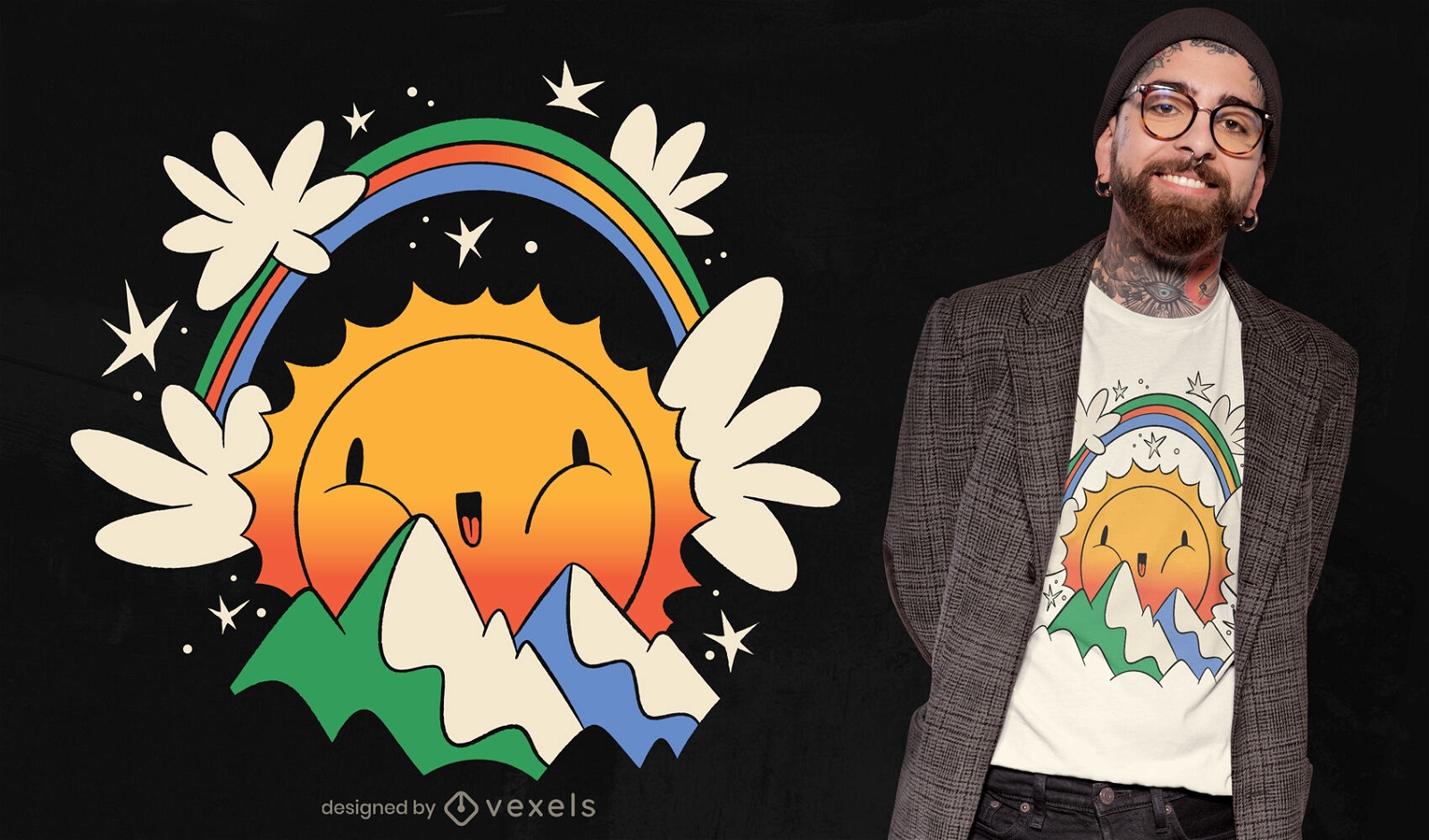 Design de camiseta de sol e arco-íris bonito dos desenhos animados