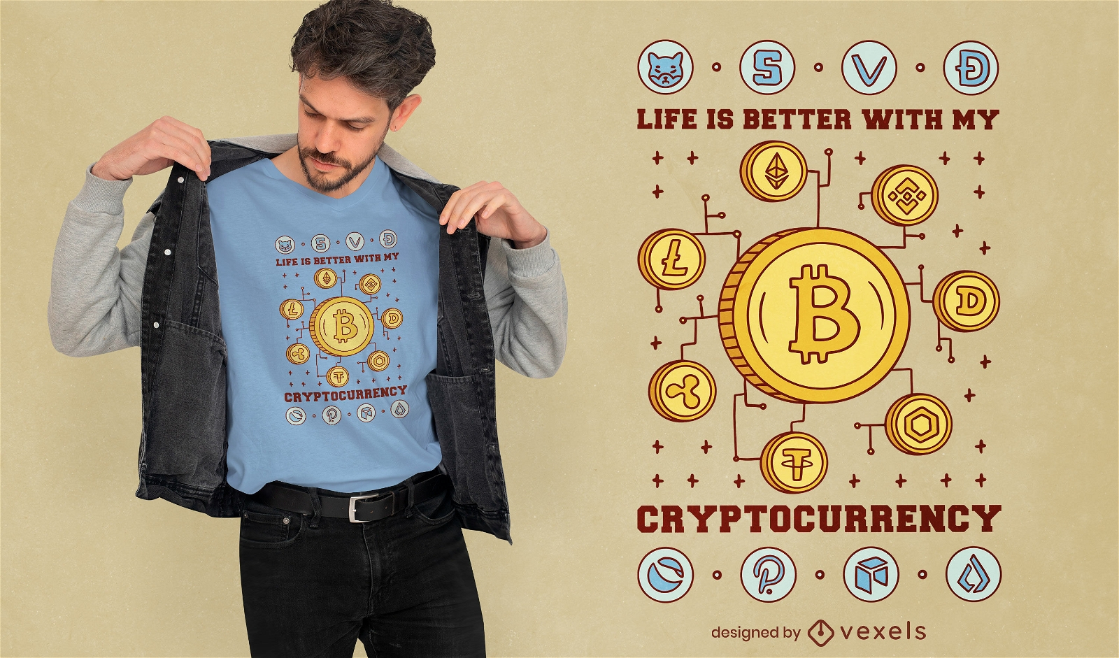 T-Shirt-Design mit Kryptowährungssymbolen