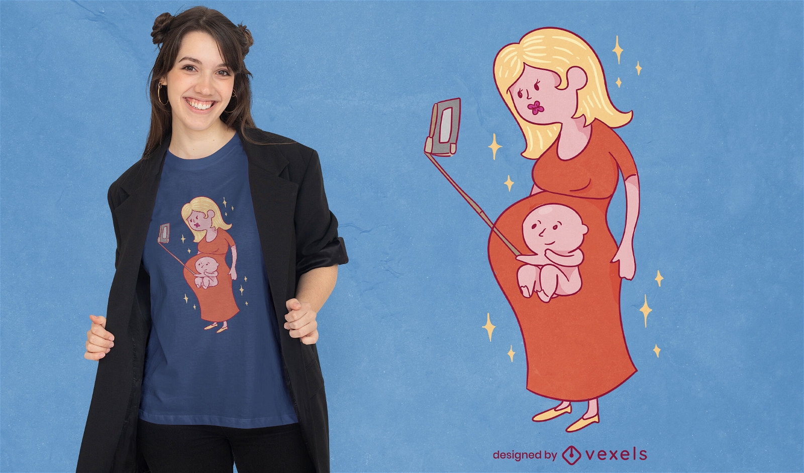 Diseño de camiseta de embarazo con selfie de bebé.