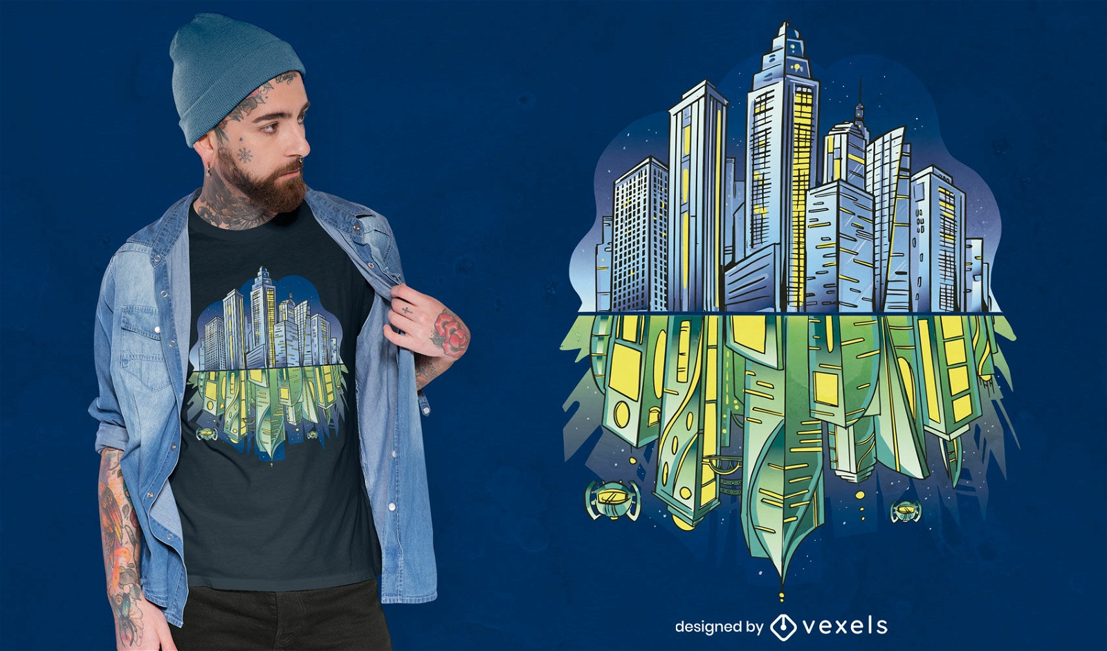 Futuristisches T-Shirt-Design mit Farbstrichen in der Stadt