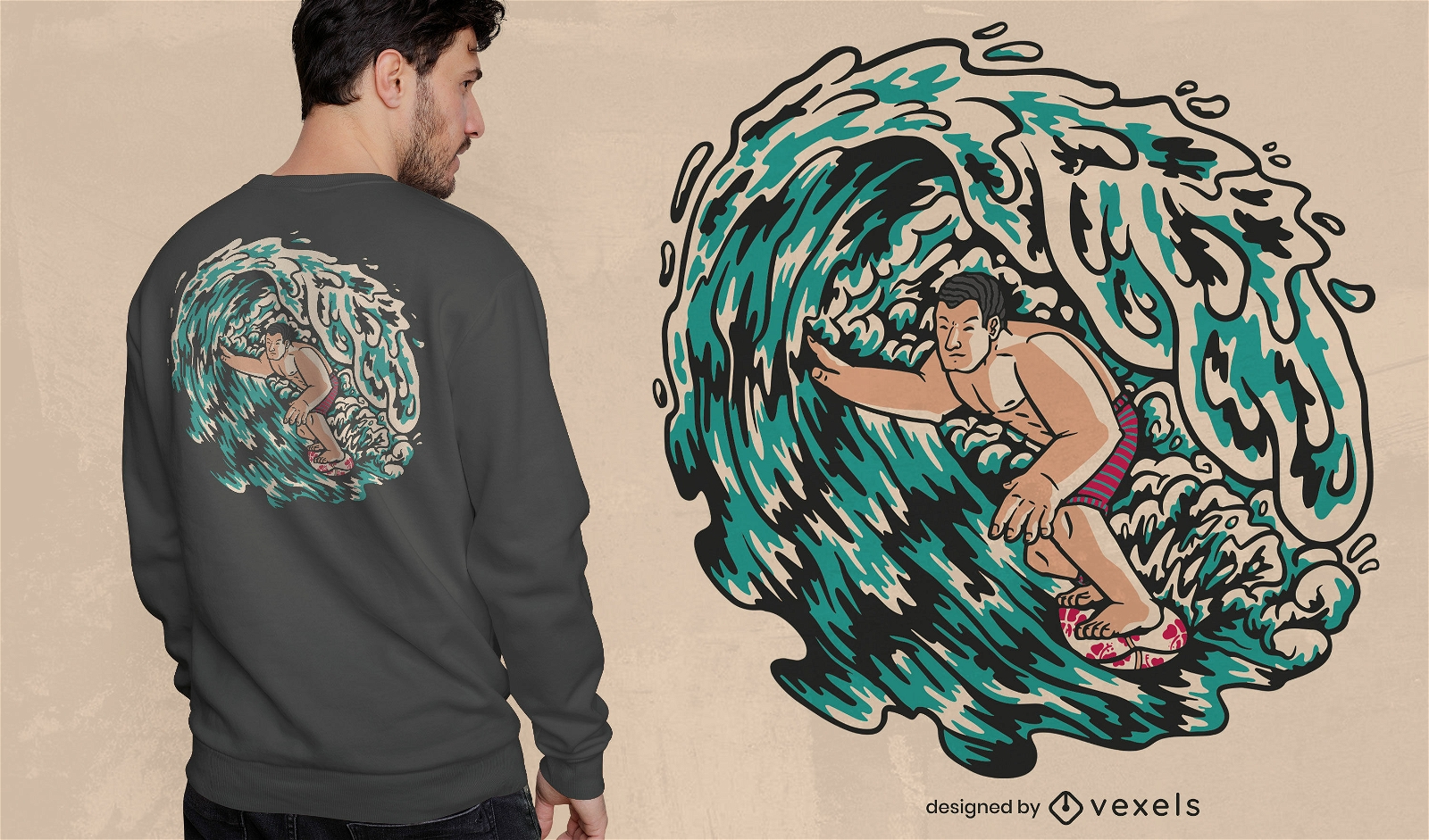 Diseño de camiseta de surfista hawaiano.