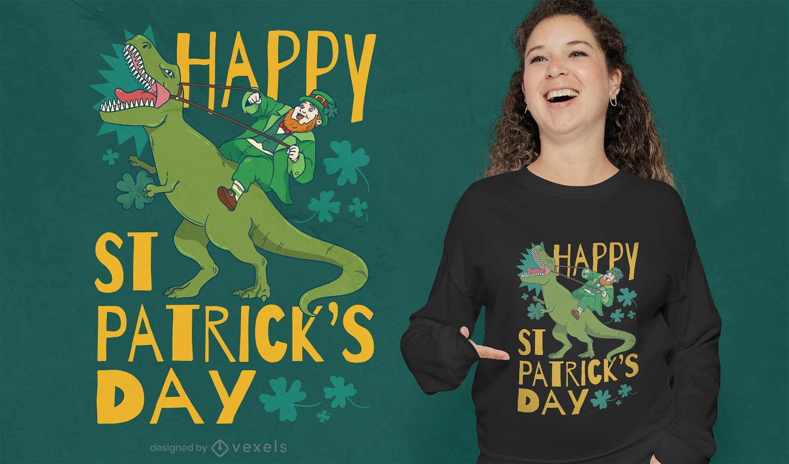 St patricks leprechaun on dinosaur t-shirt design