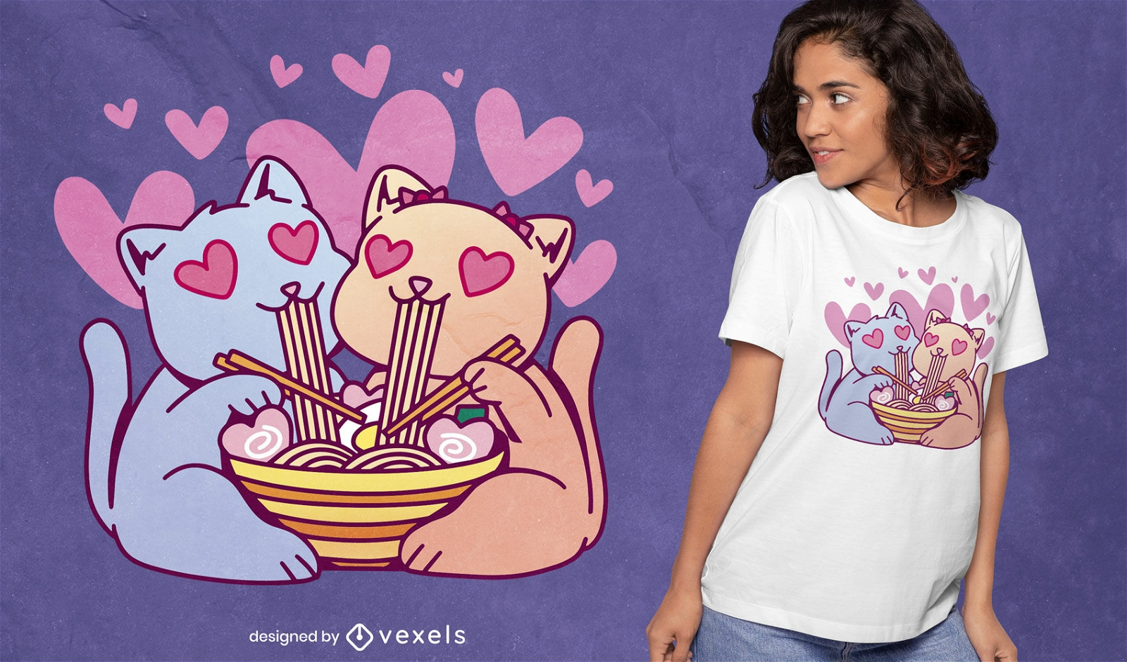 Diseño de camiseta de gatos kawaii comiendo ramen
