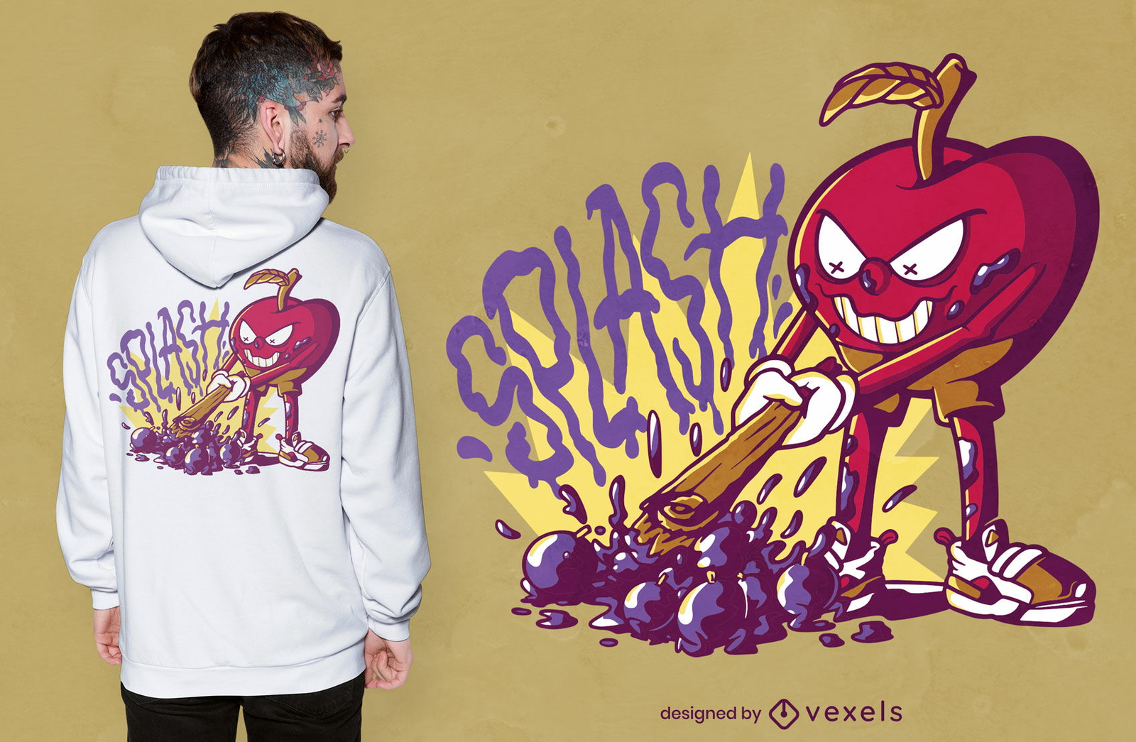 Diseño de camiseta de uvas rompiendo fruta de manzana enojada