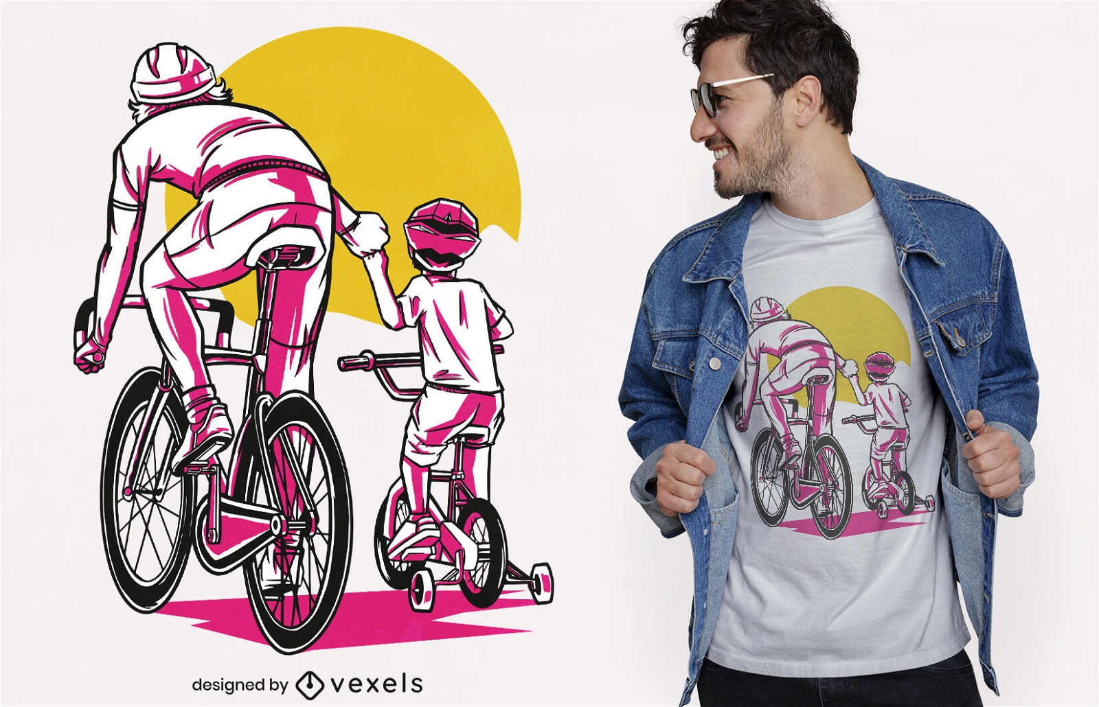 Diseño de camiseta de padre e hijo montando bicicleta