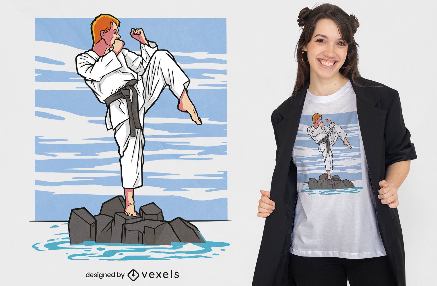 Mann, der Karate auf Rock-T-Shirt-Design macht