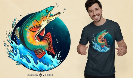 Diseño de camiseta de pez saltando fuera del agua.