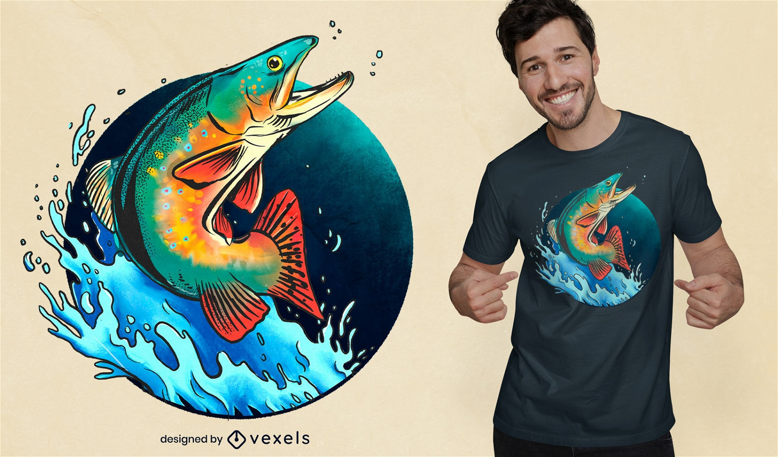 Design de camiseta de peixe pulando fora da água