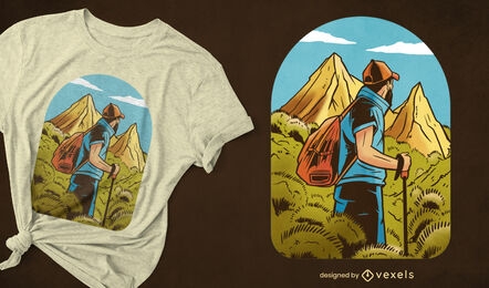 Hombre caminando en el diseño de la camiseta de las montañas.