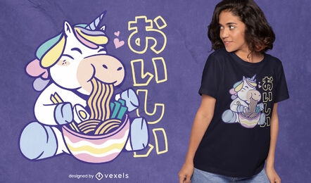 Design de t-shirt de unicórnio fofo comendo ramen