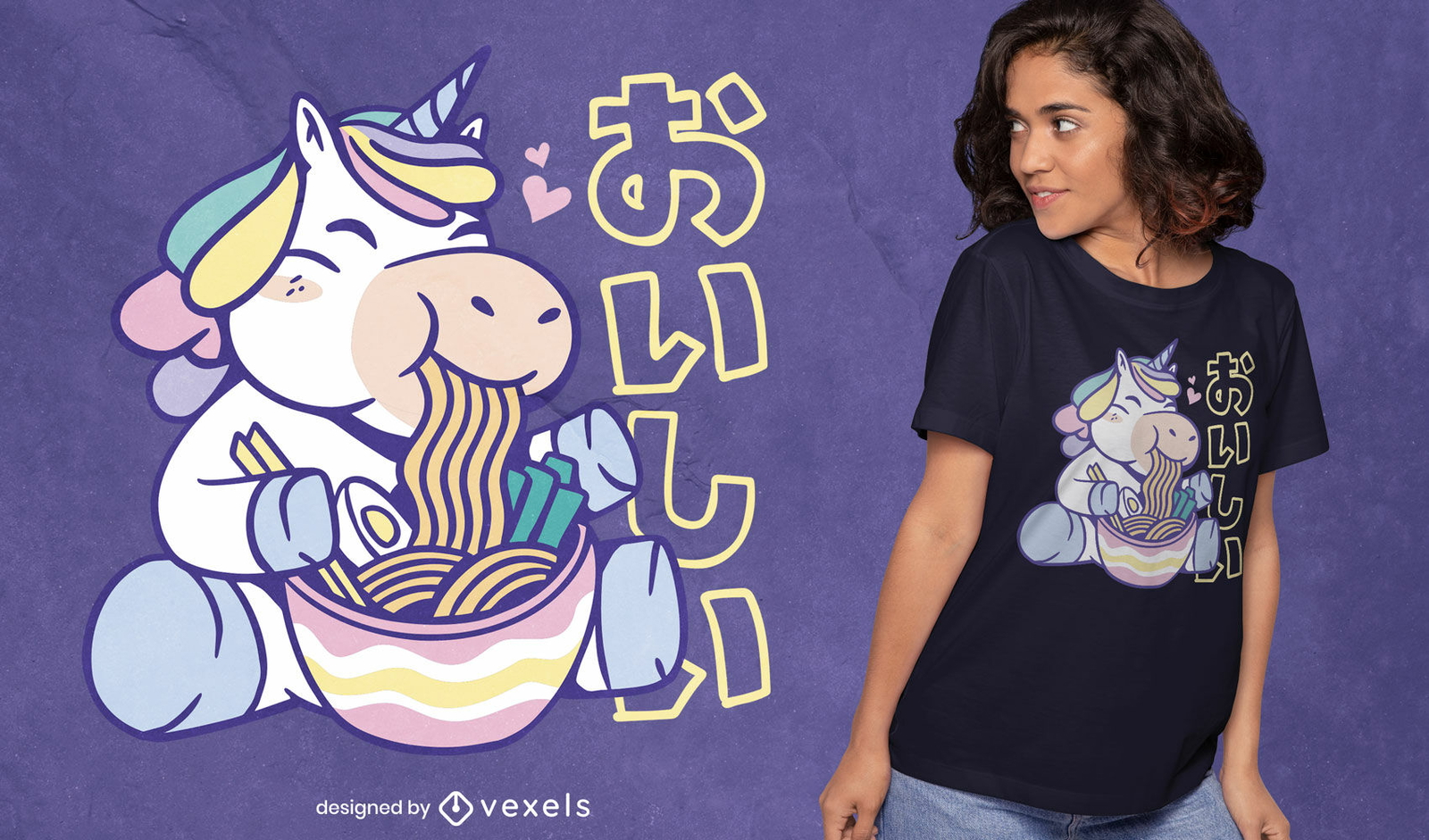 Design de t-shirt de unicórnio fofo comendo ramen