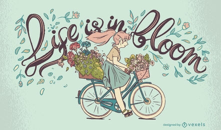 Chica montando una ilustración de primavera de bicicleta