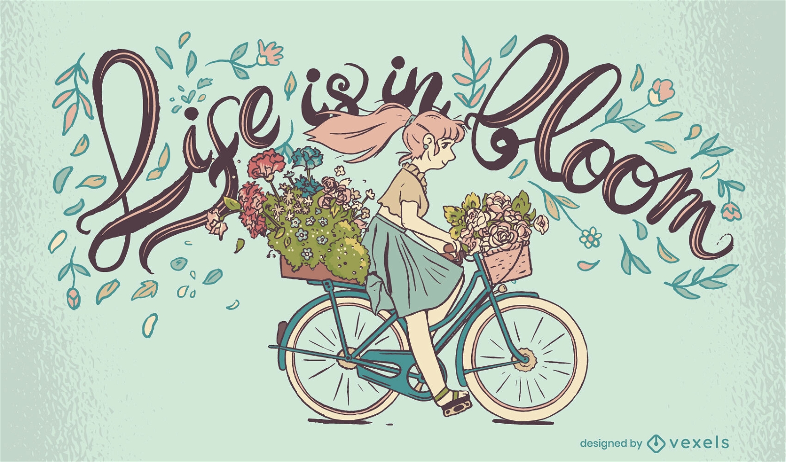 Garota andando em uma ilustração de primavera de bicicleta