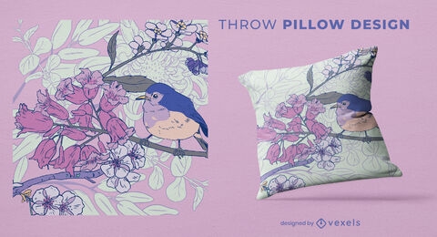 Vintage flowers and bird throw pillow design