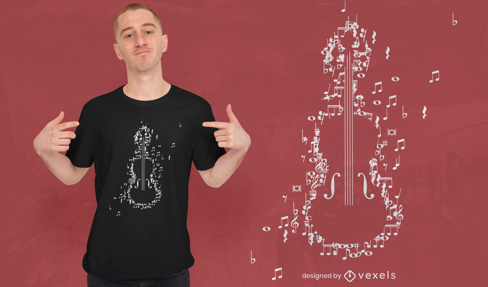 Violín formado por diseño de camiseta de notas musicales.