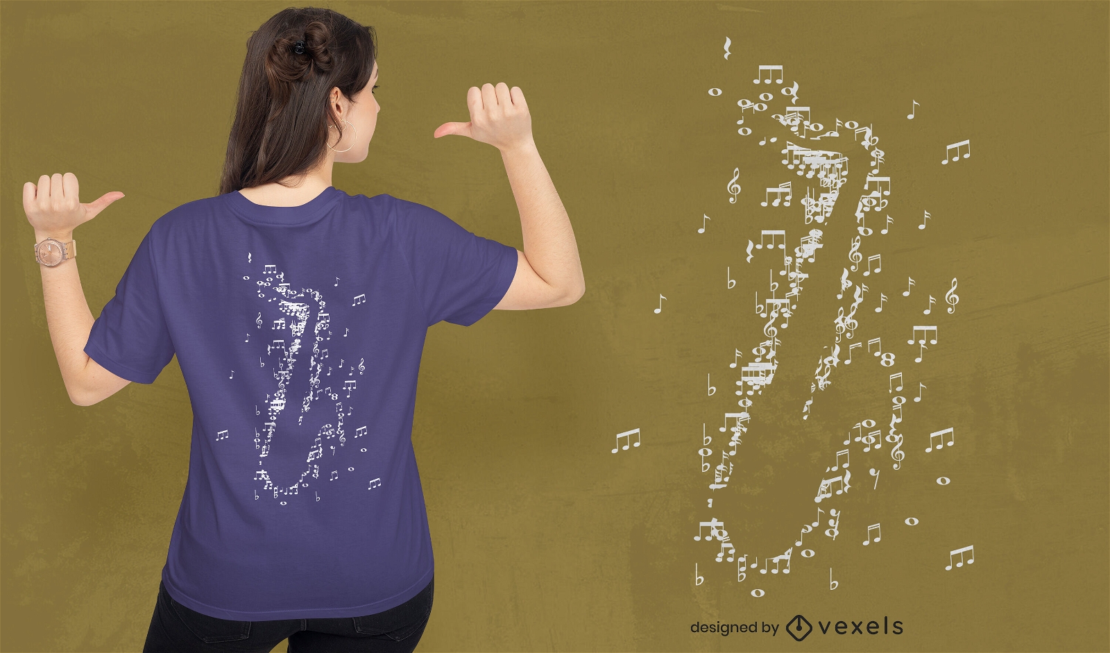Diseño de camiseta de notas musicales de instrumento de saxofón.