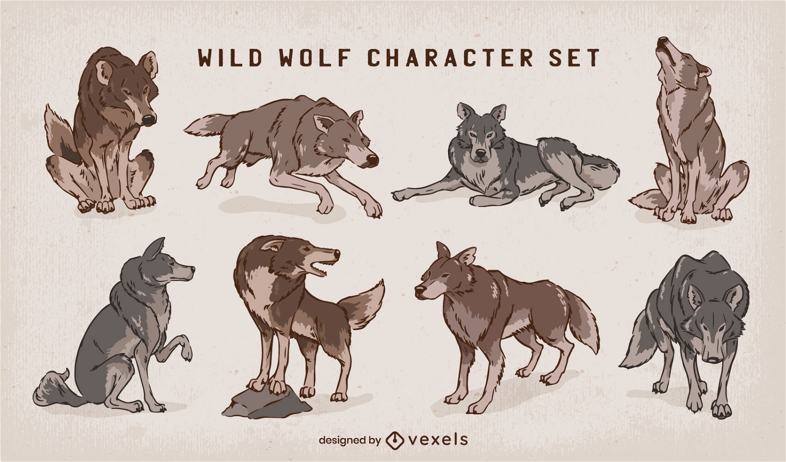 Conjunto de caracteres de lobo salvaje