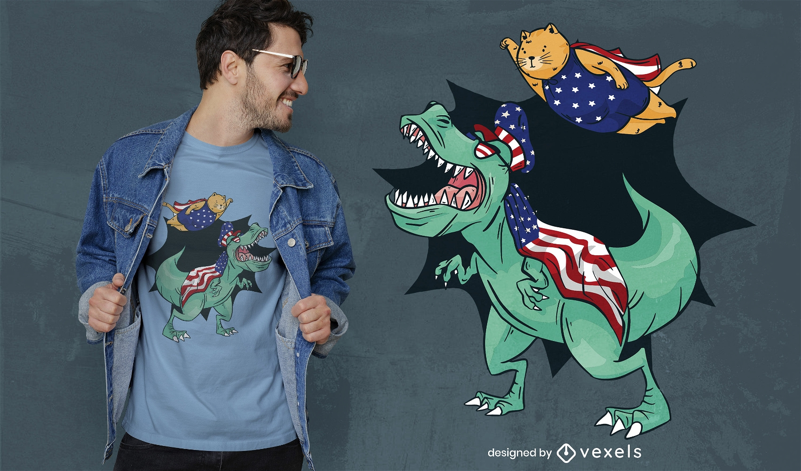 Diseño de camiseta de gato y t-rex de EE. UU.