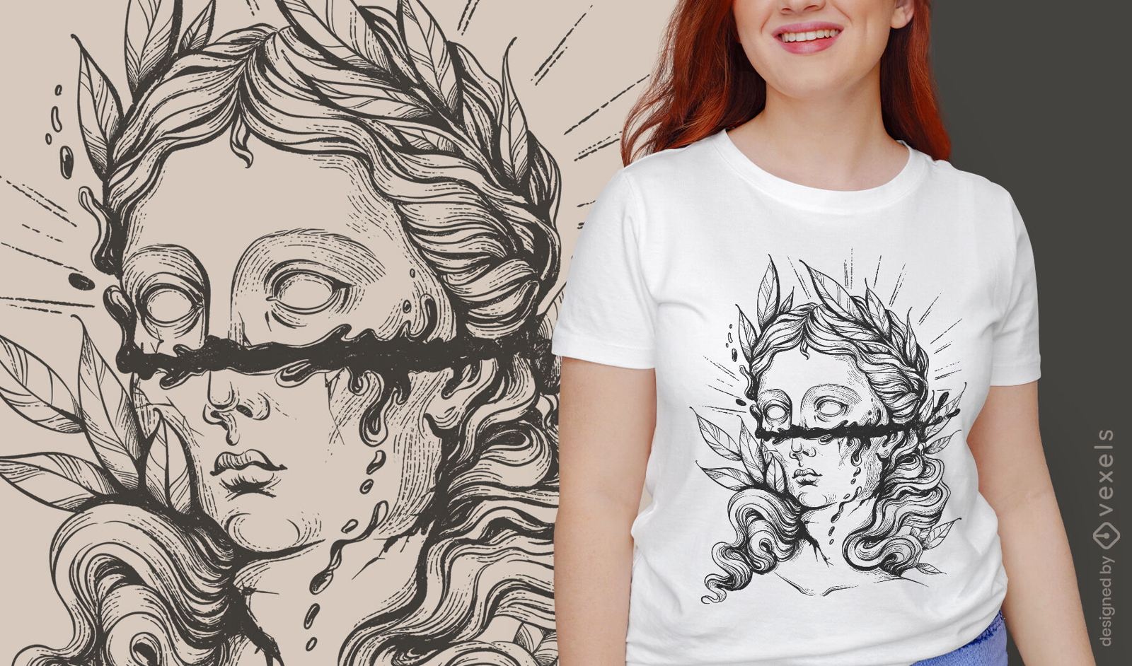 Diseño de camiseta de estatua de estatua griega oscura