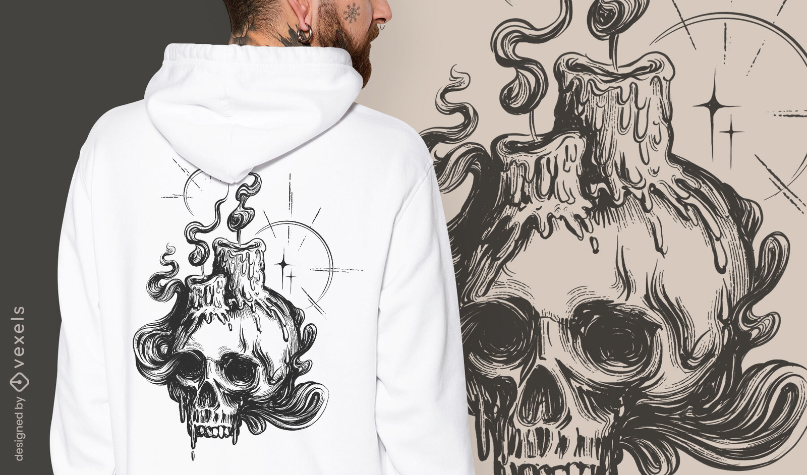 Diseño de camiseta de calavera oscura y velas.