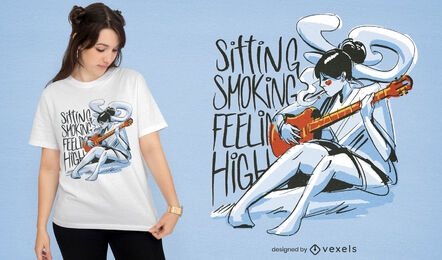 Mulher tocando violão e fumando design de camiseta