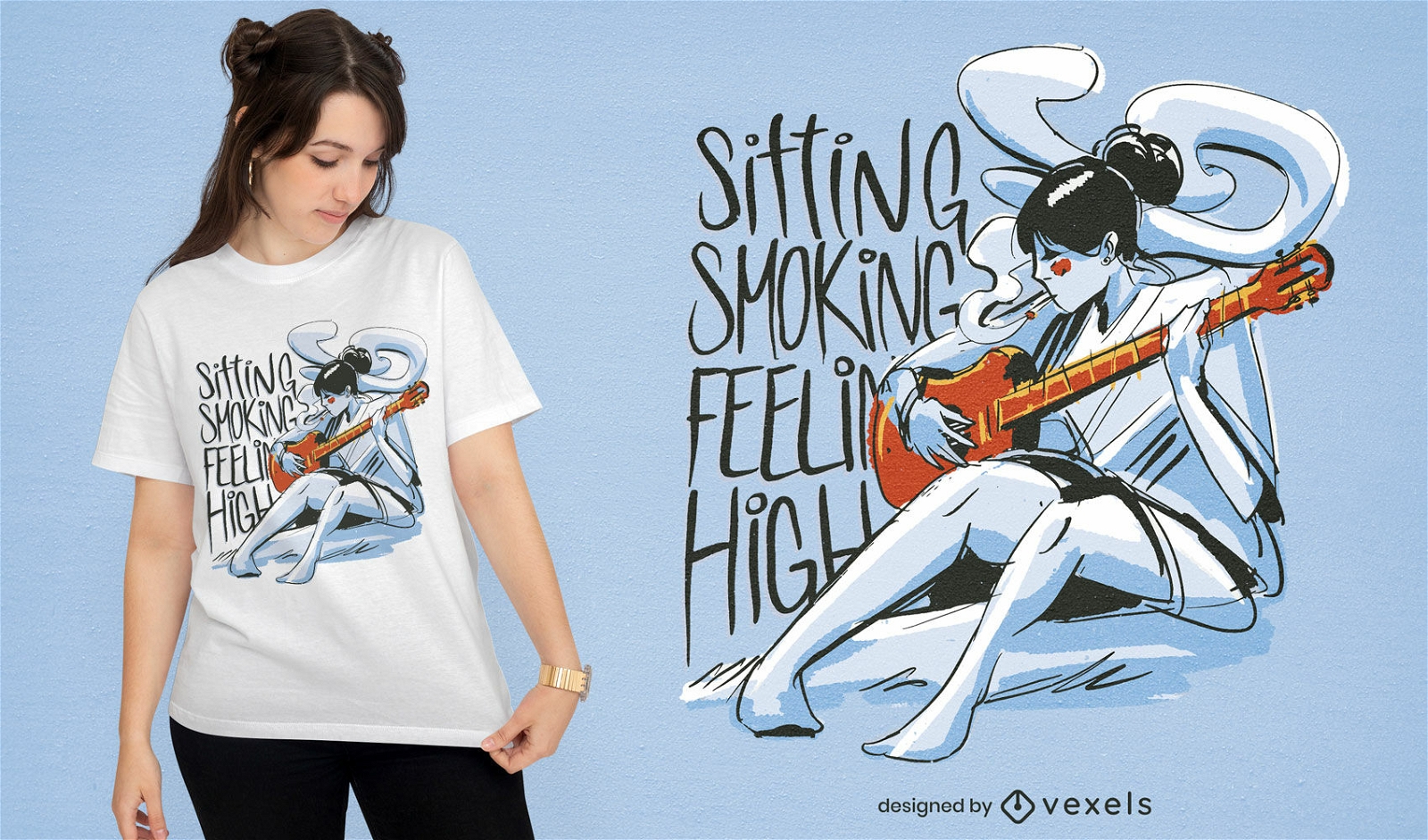 Mujer tocando la guitarra y fumando dise?o de camiseta.