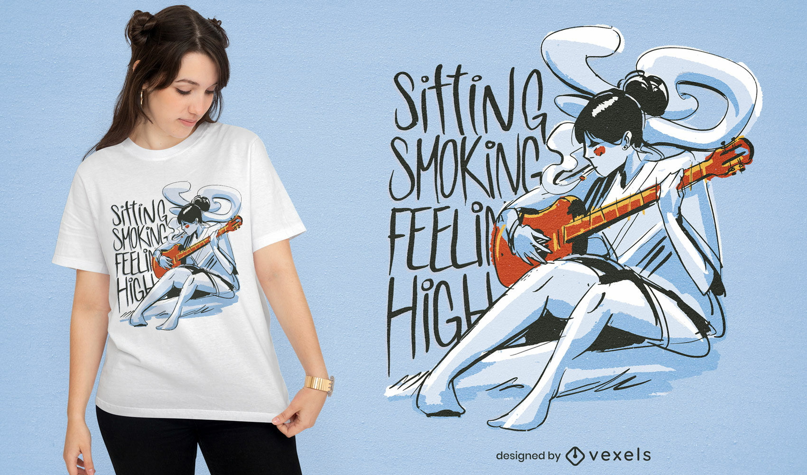 Mulher tocando violão e fumando design de camiseta