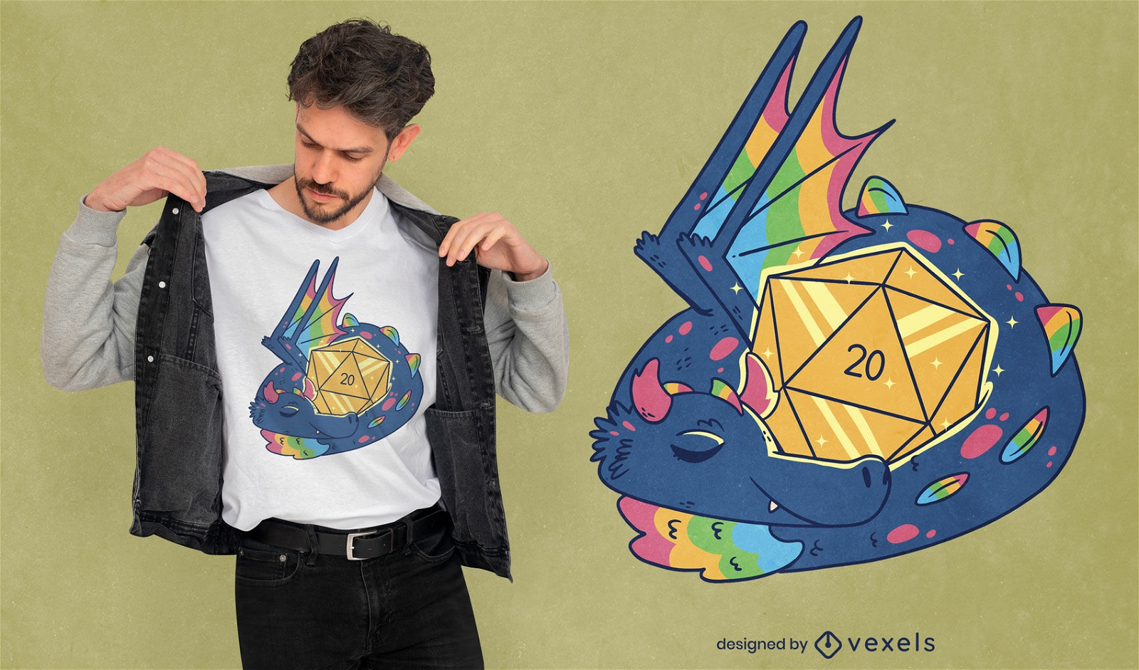 Dragón arcoiris con diseño de camiseta de dados.