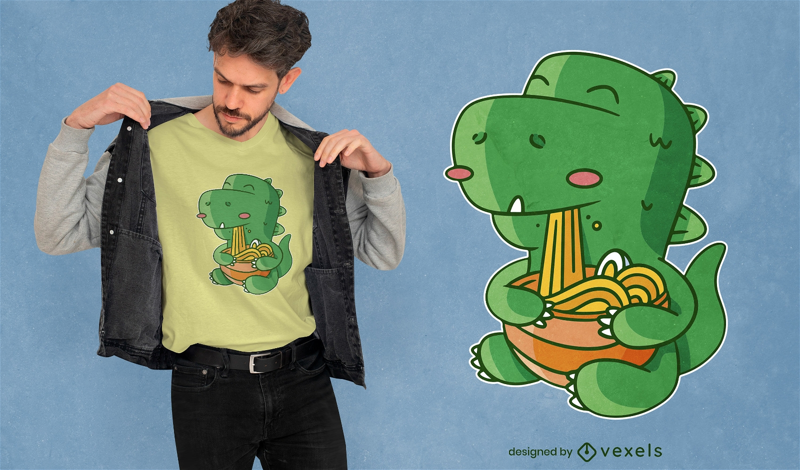 Diseño de camiseta de dinosaurio T-rex comiendo ramen