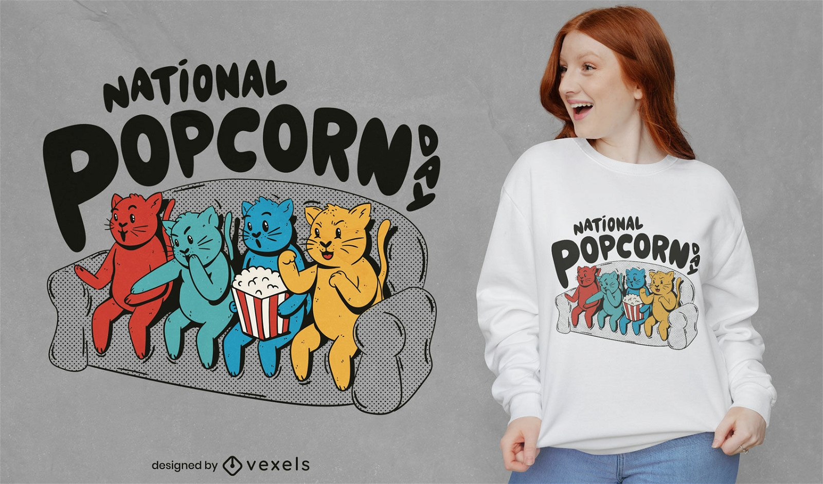 Diseño de camiseta de gatos viendo películas con palomitas de maíz