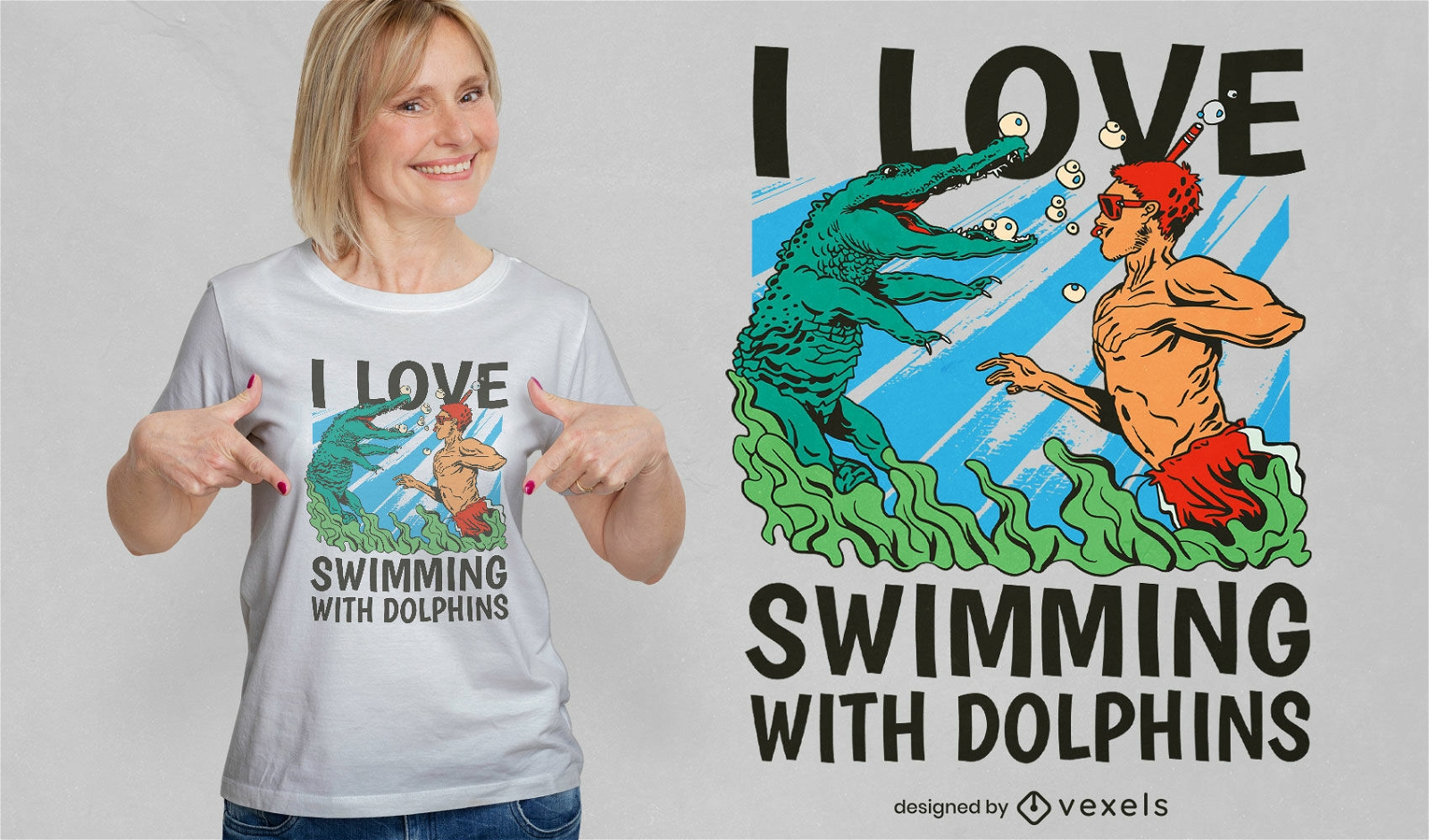 Krokodil und Mann schwimmen T-Shirt-Design