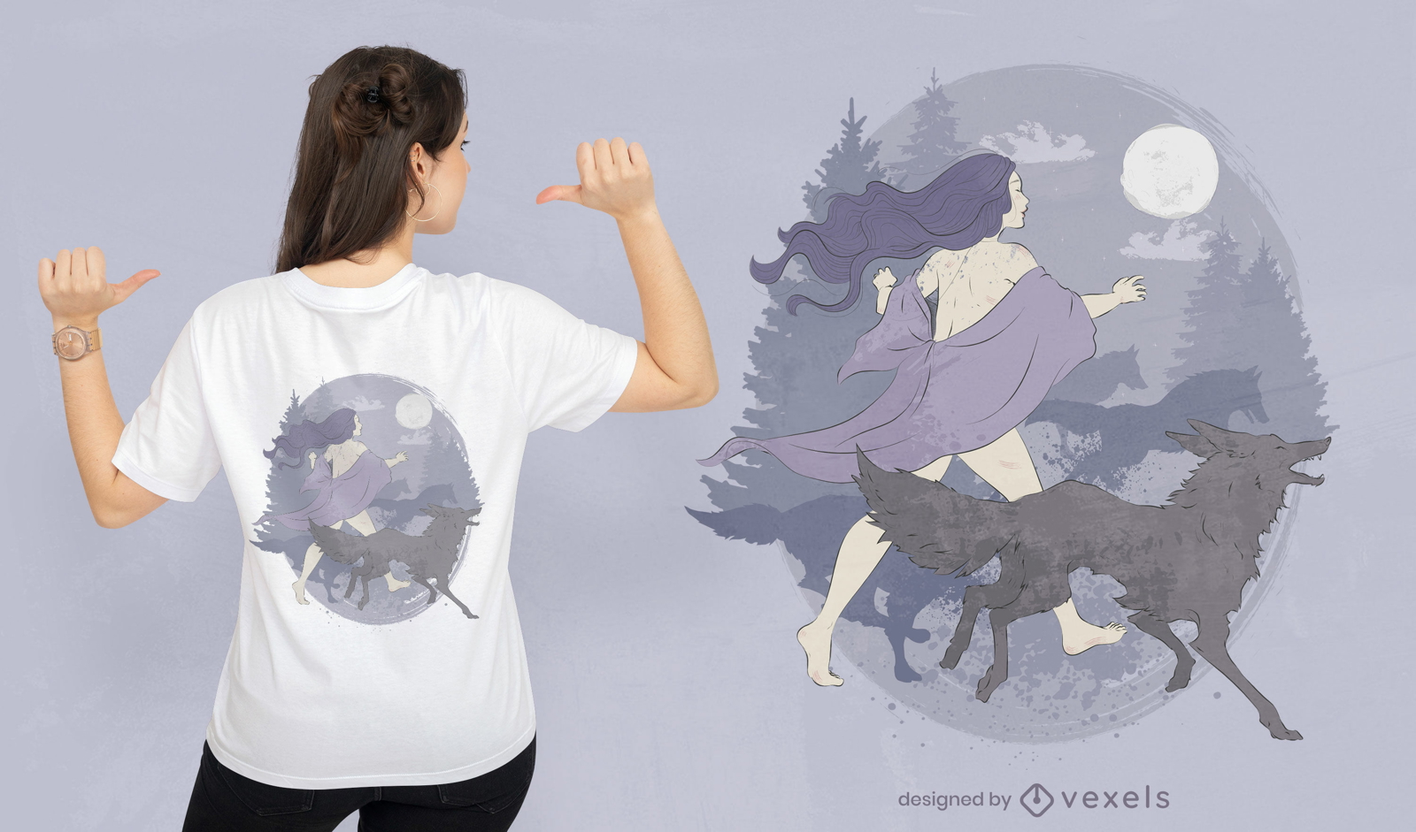 Mujer y lobo en dise?o de camiseta de bosque.