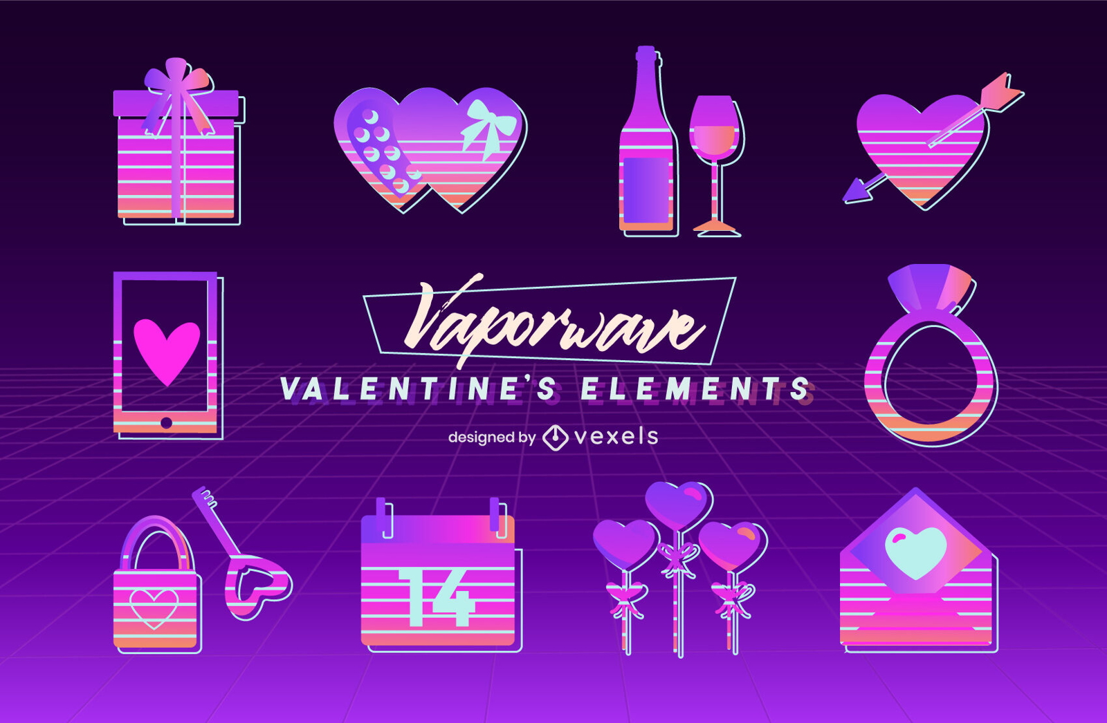 Vaporwave-Valentinstag-Elementsatz