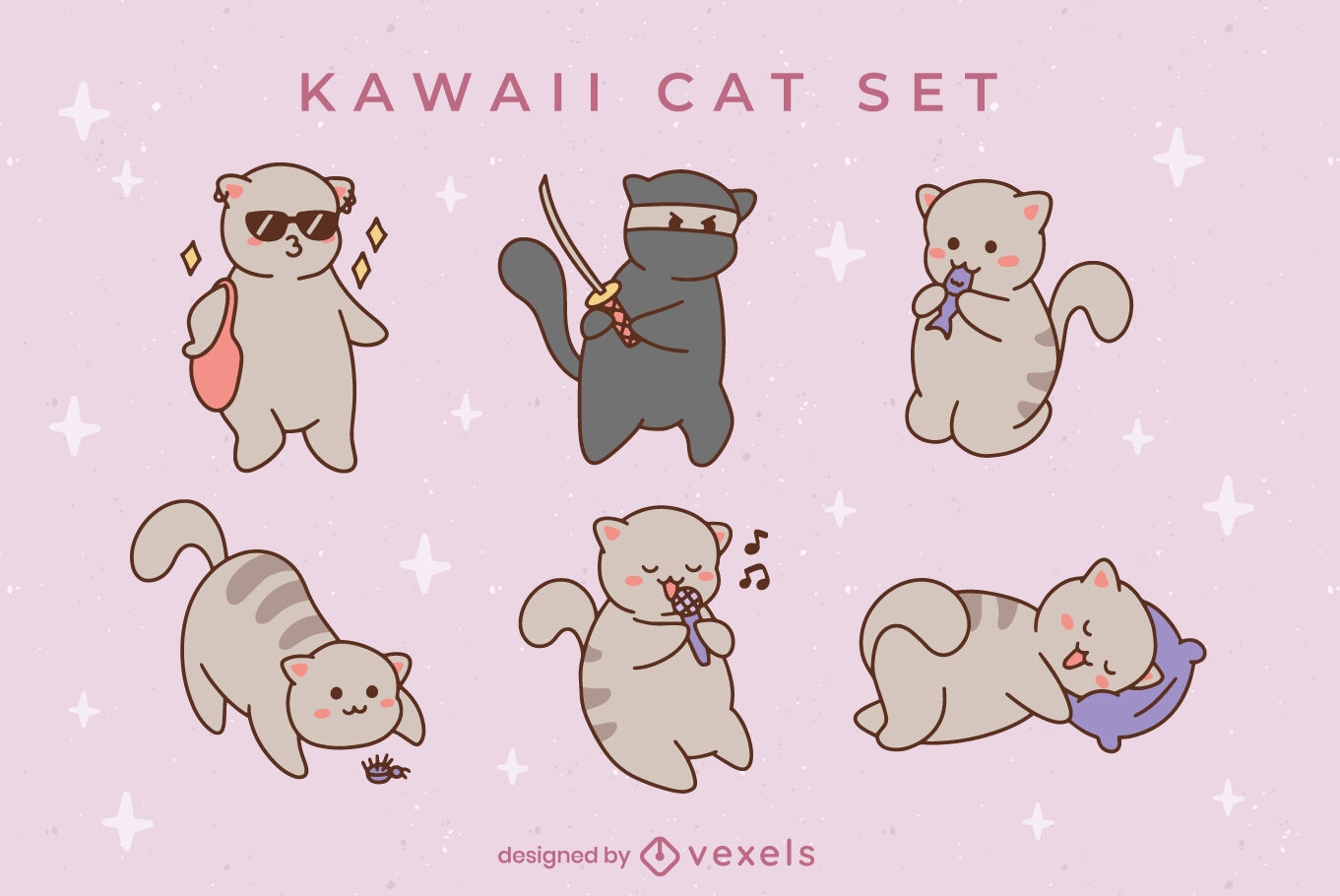 Design de conjunto de caracteres de gato kawaii