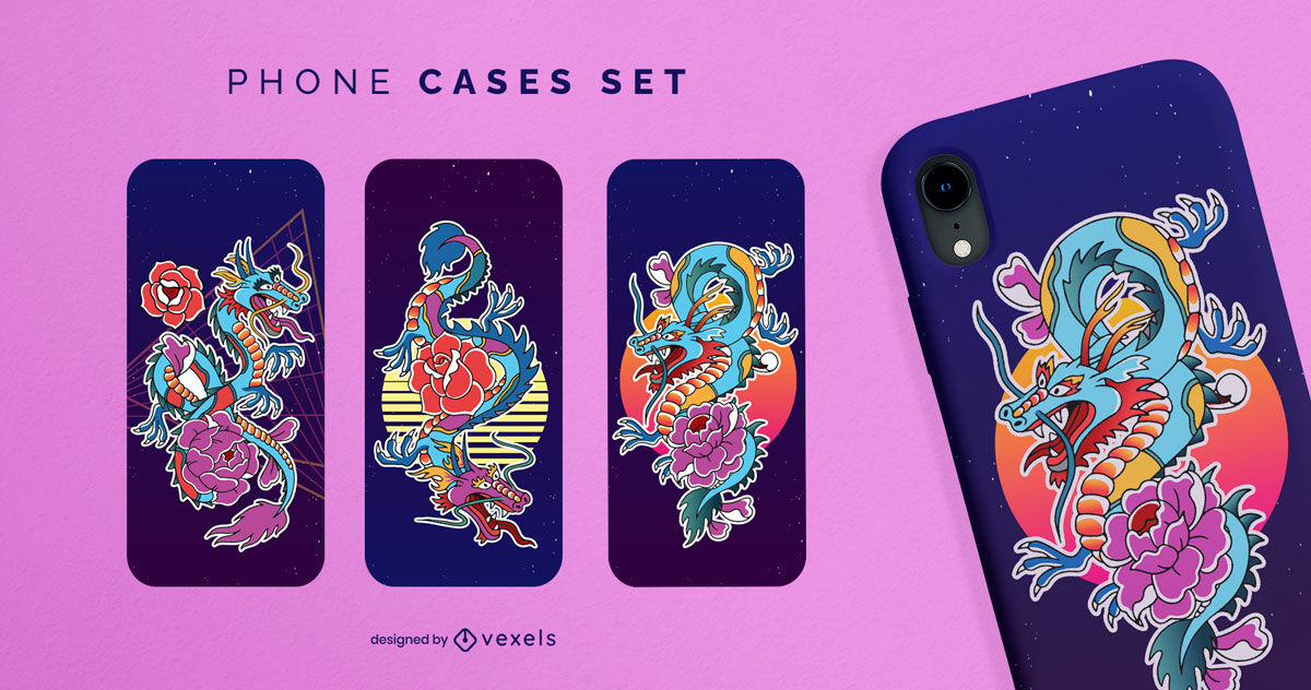 Conjunto de capas de telefone de vaporwave de dragões chineses