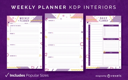 Modelo de diário do planejador semanal KDP Design de interiores