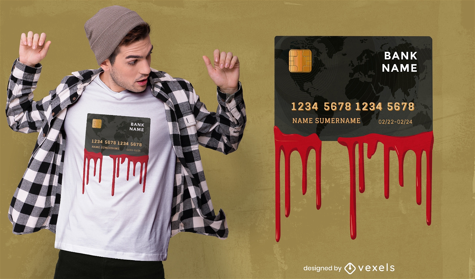 Diseño de camiseta de dinero con tarjeta de crédito sangrienta