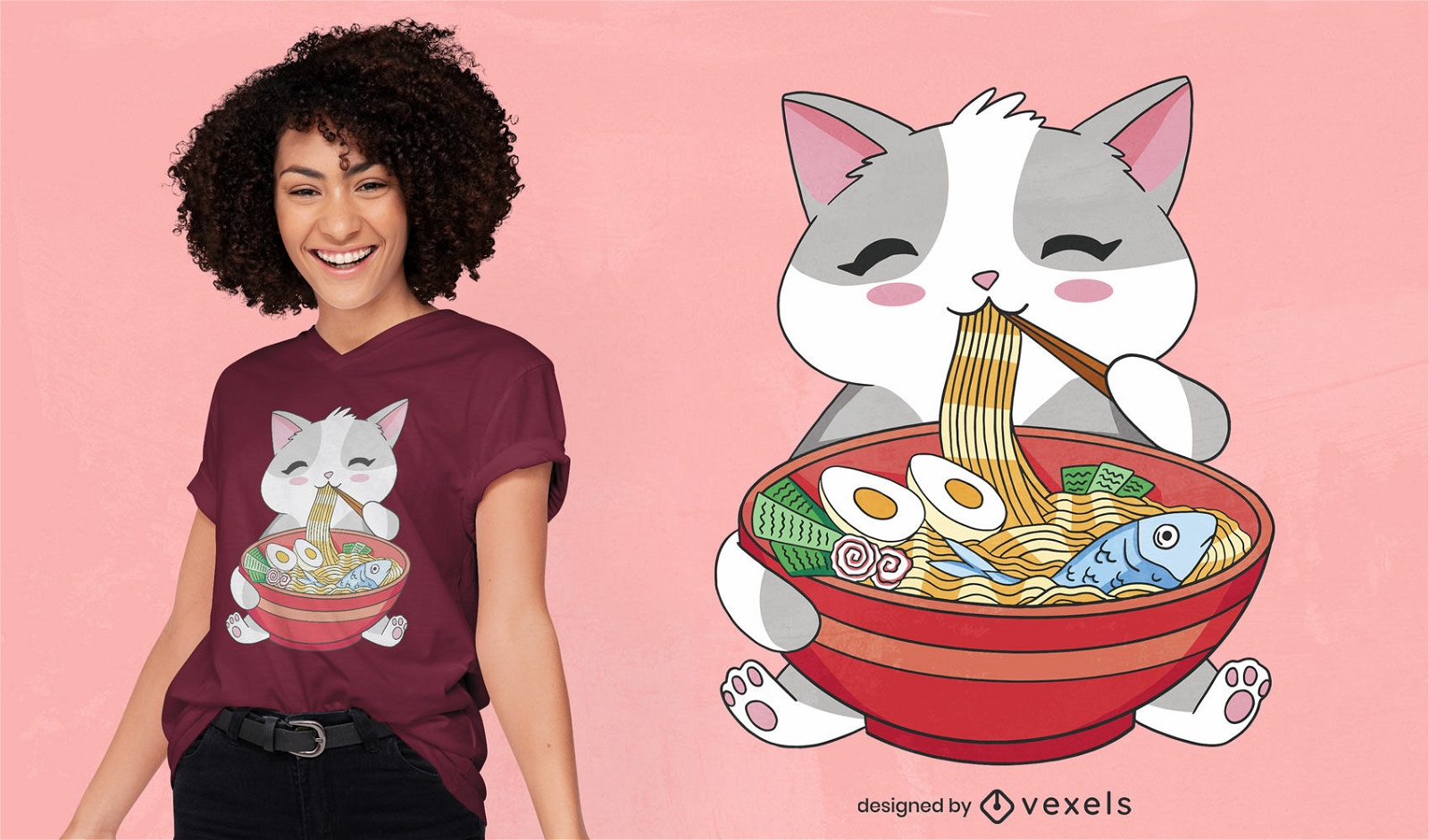 Diseño de camiseta de gato comiendo ramen