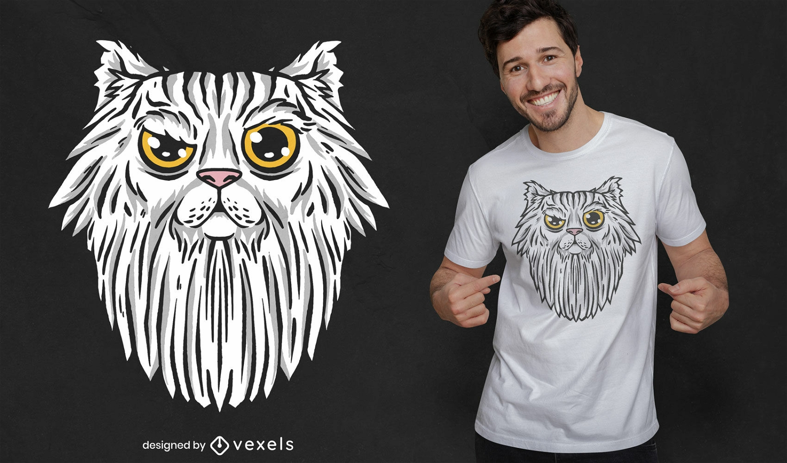 Diseño de camiseta de animal gato con barba.