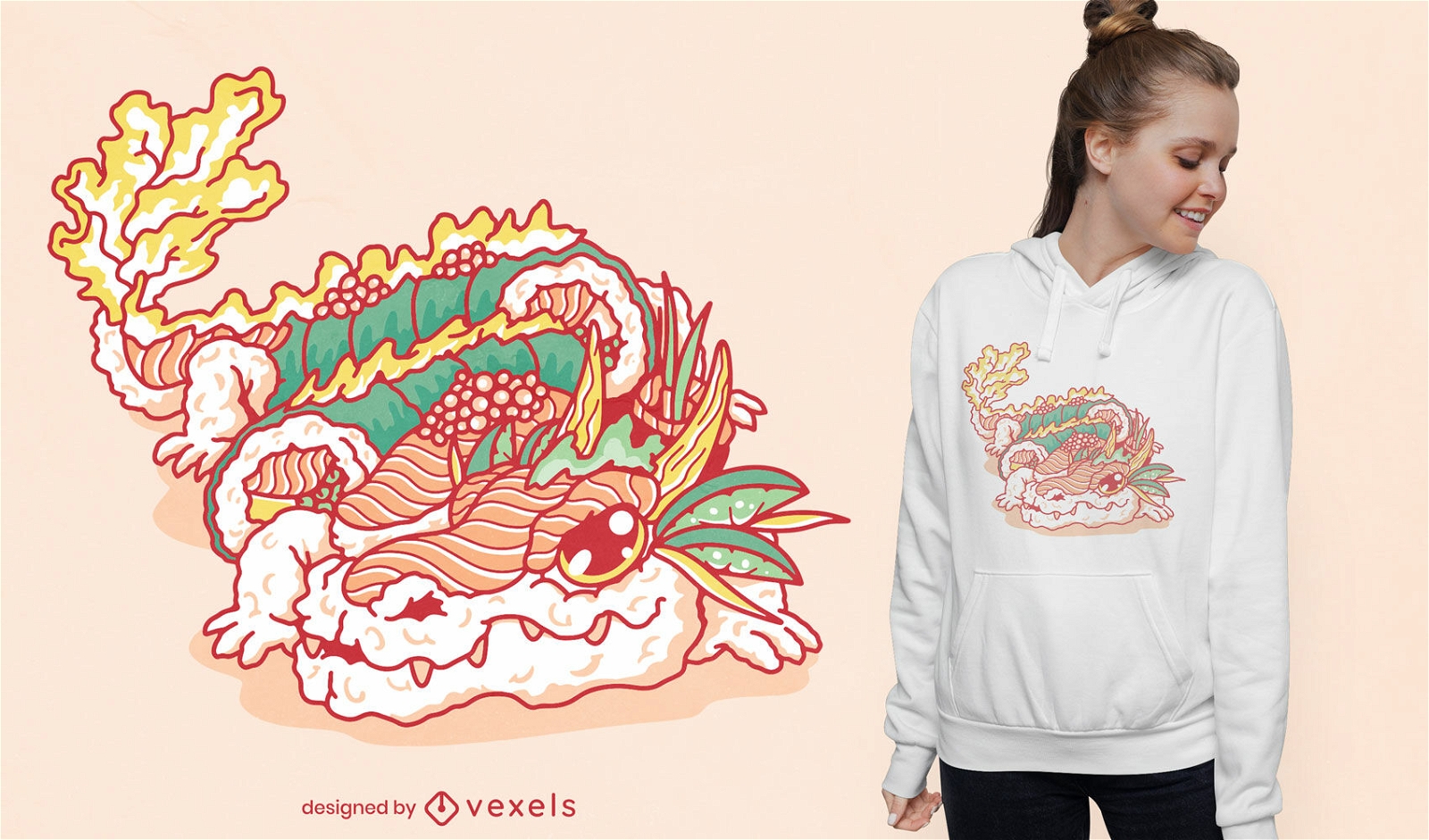 Diseño de camiseta de criatura de dragón de sushi.