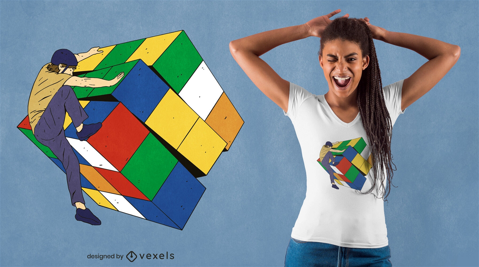 Mann, der Rubik-W?rfel-T-Shirt-Design klettert
