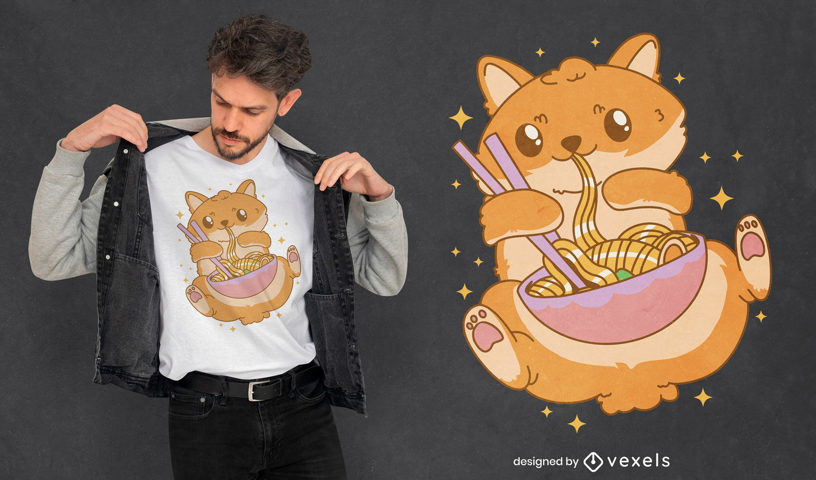 Cão da Pomerânia comendo design de camiseta de ramen