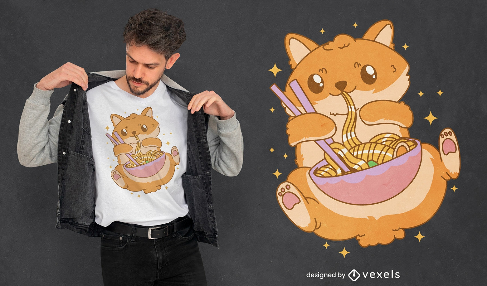 Perro Pomerania comiendo diseño de camiseta de ramen