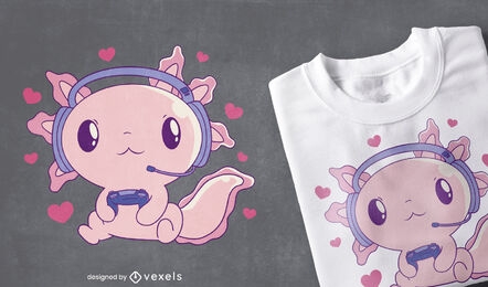 Cute axolotl playing videogames t-shirt design