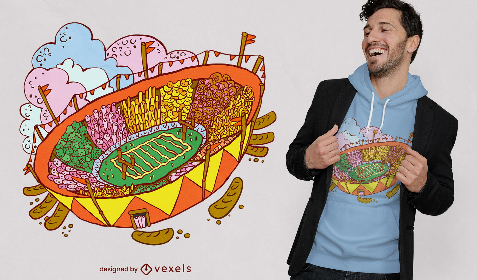 Design de camiseta de estádio de futebol de lanches