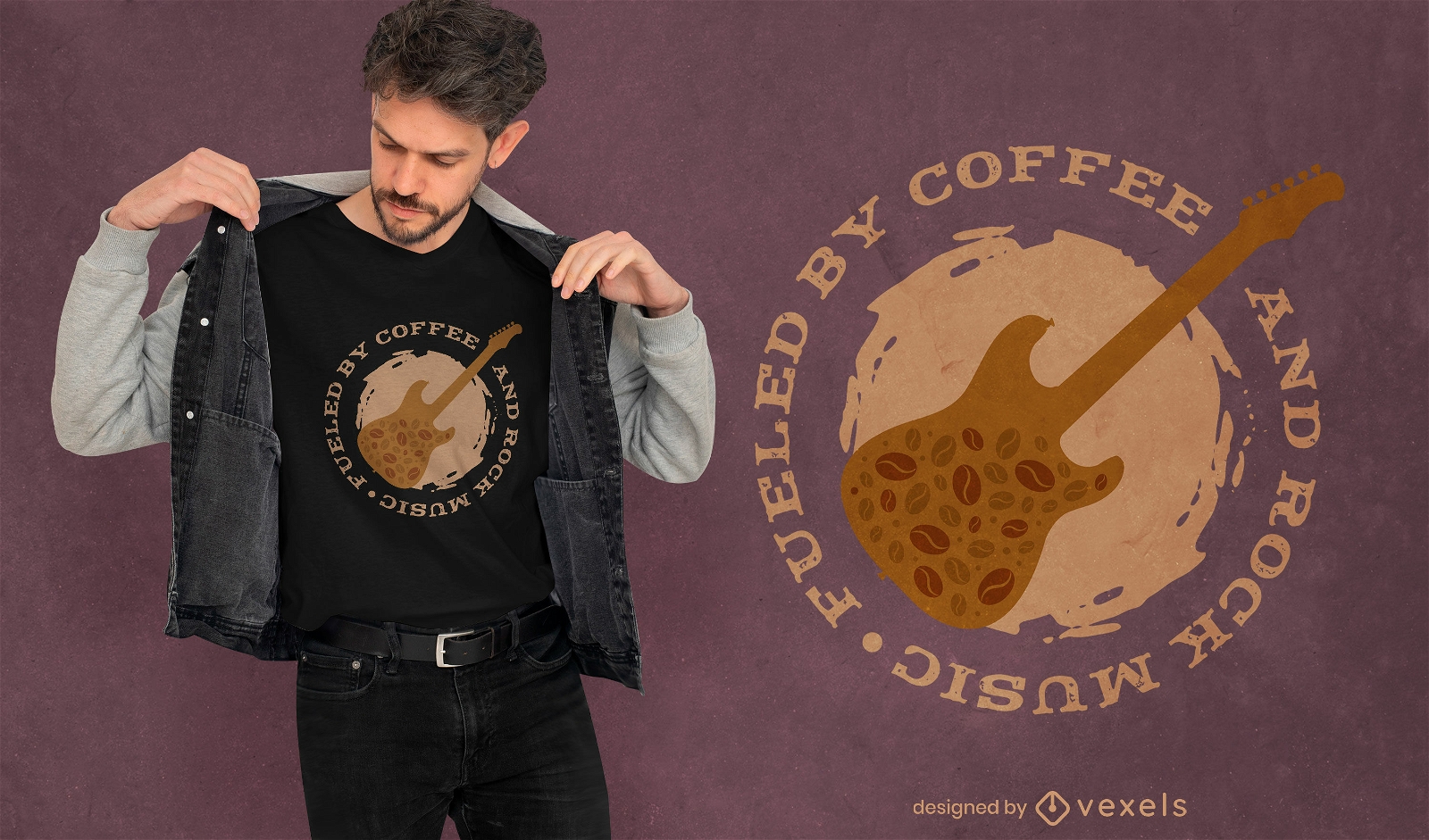 Design de camiseta de música de guitarra de grãos de café