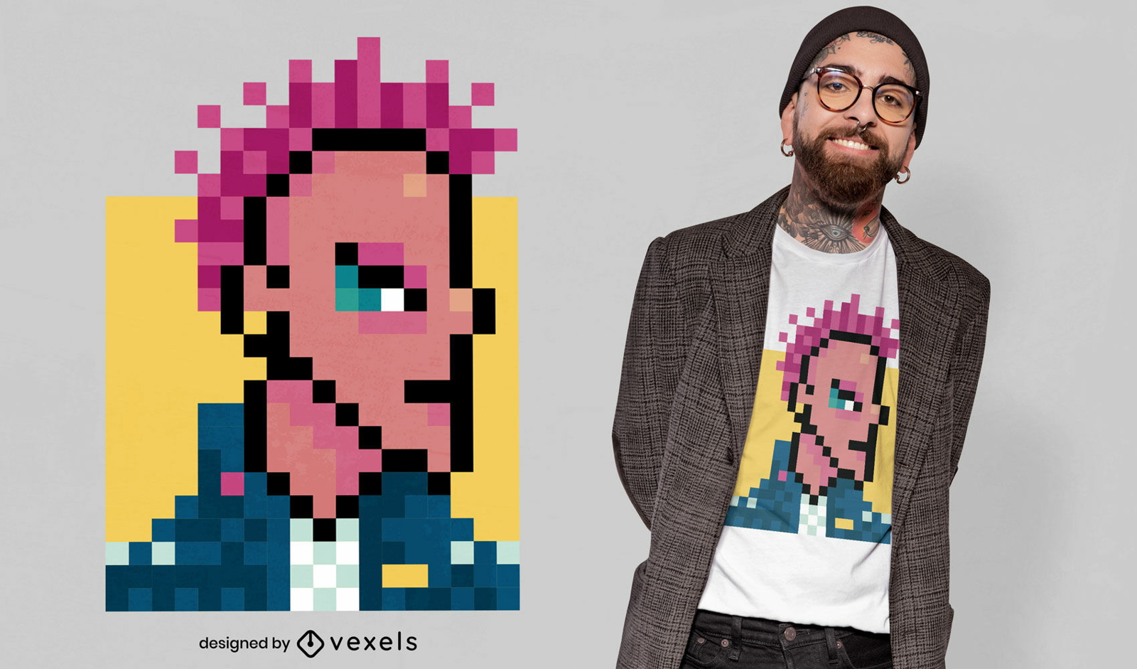 Design de camiseta de pixel art de punk de cabelo rosa