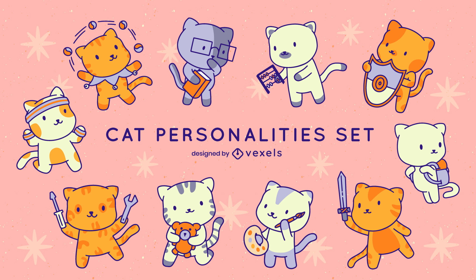 Conjunto de caracteres de personalidades de gato