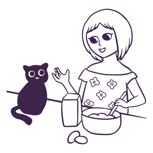 Golpe de niña y gato desayunando Diseño PNG