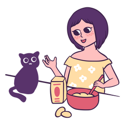 Trazo de color de niña y gato desayunando Diseño PNG